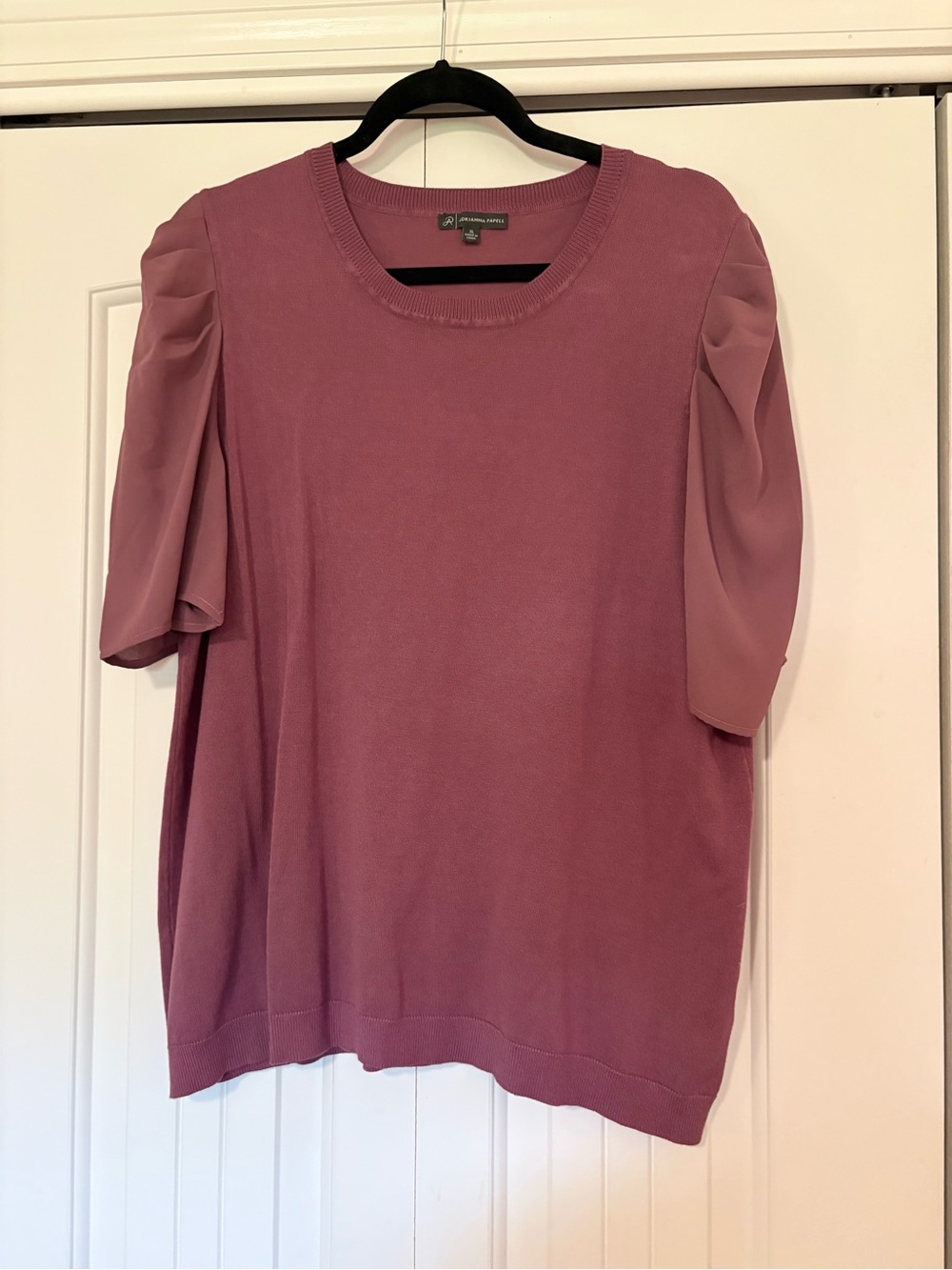 Adrianna Pappell Rose Mauve Sheer Puff Sleeve Knit Top